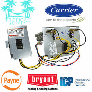 Carrier and Bryant HVAC control boards with wiring and labels.
