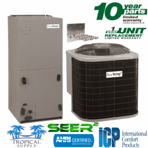 A modern HVAC system with 10-year parts warranty and energy efficiency ratings.