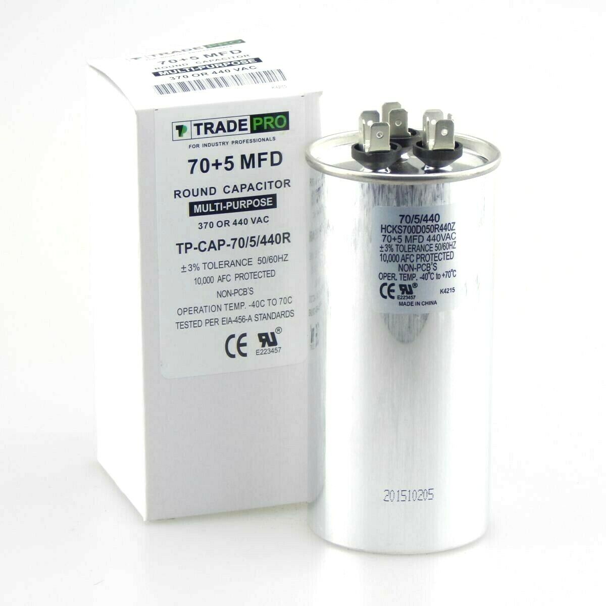 TRADEPRO TP-CAP-70/5/440R - Run Capacitor, 70/5/440 VAC, Round, Dual Rated