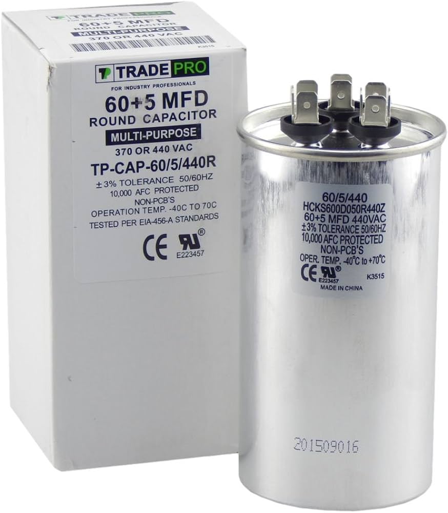 TRADEPRO TP-CAP-60/5/440R - Run Capacitor, 60/5/440 VAC, Round, Dual Rated